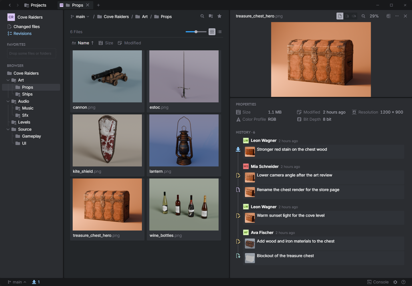 Anchorpoint – History section in the sidebar listing six versions of a render, grouped by team member, with a rename and an incoming version