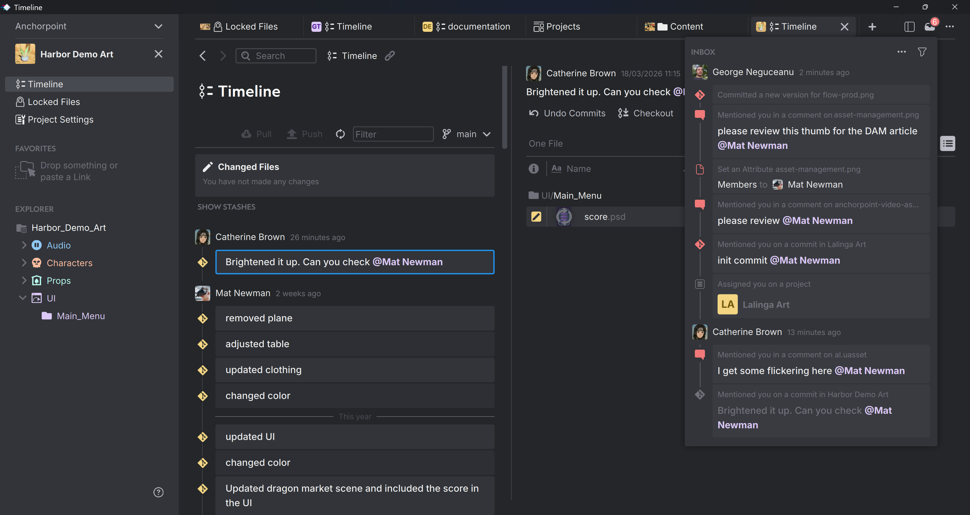 Anchorpoint – Inbox panel showing recent notifications from team members including commits, mentions, and project assignments