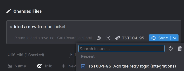 Issue picker in the changed files area